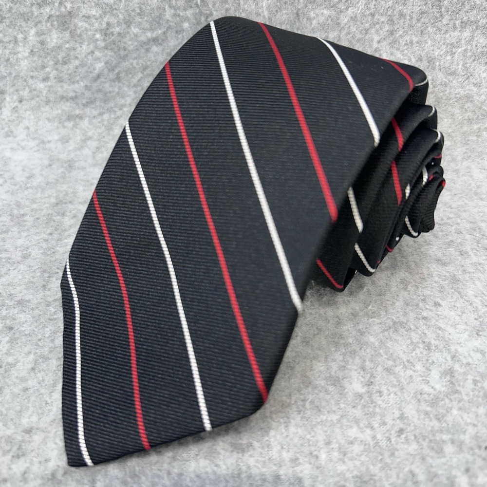 Del Cino Mens Striped Necktie Black Red White Stripe Woven Classic 57x3